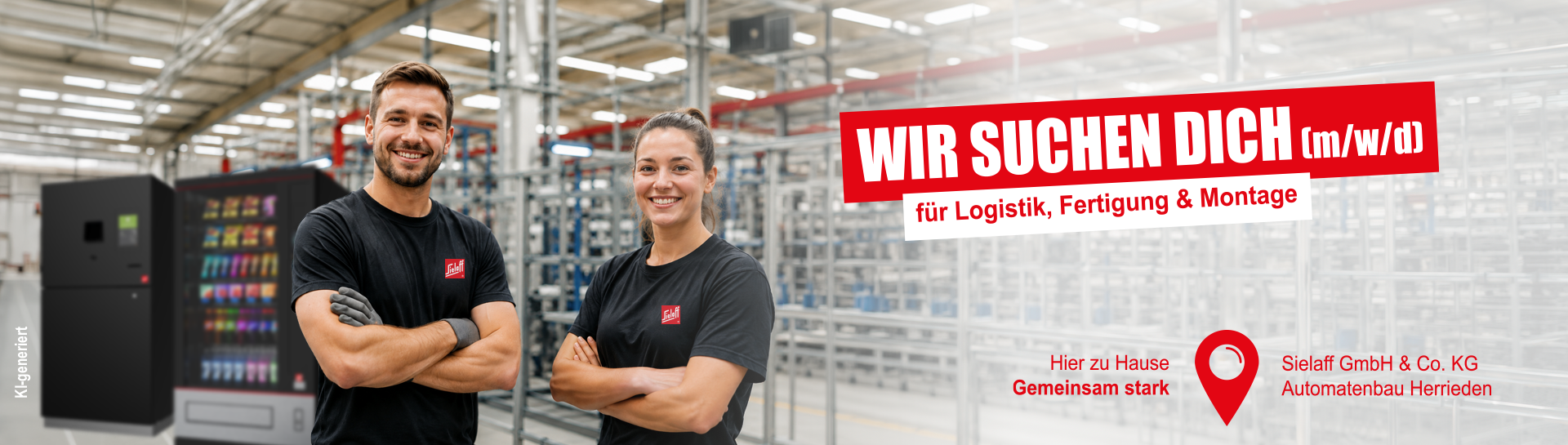 Zwei lächelnde Personen in schwarzer Arbeitskleidung stehen in einer großen Industriehalle mit Maschinen im Hintergrund